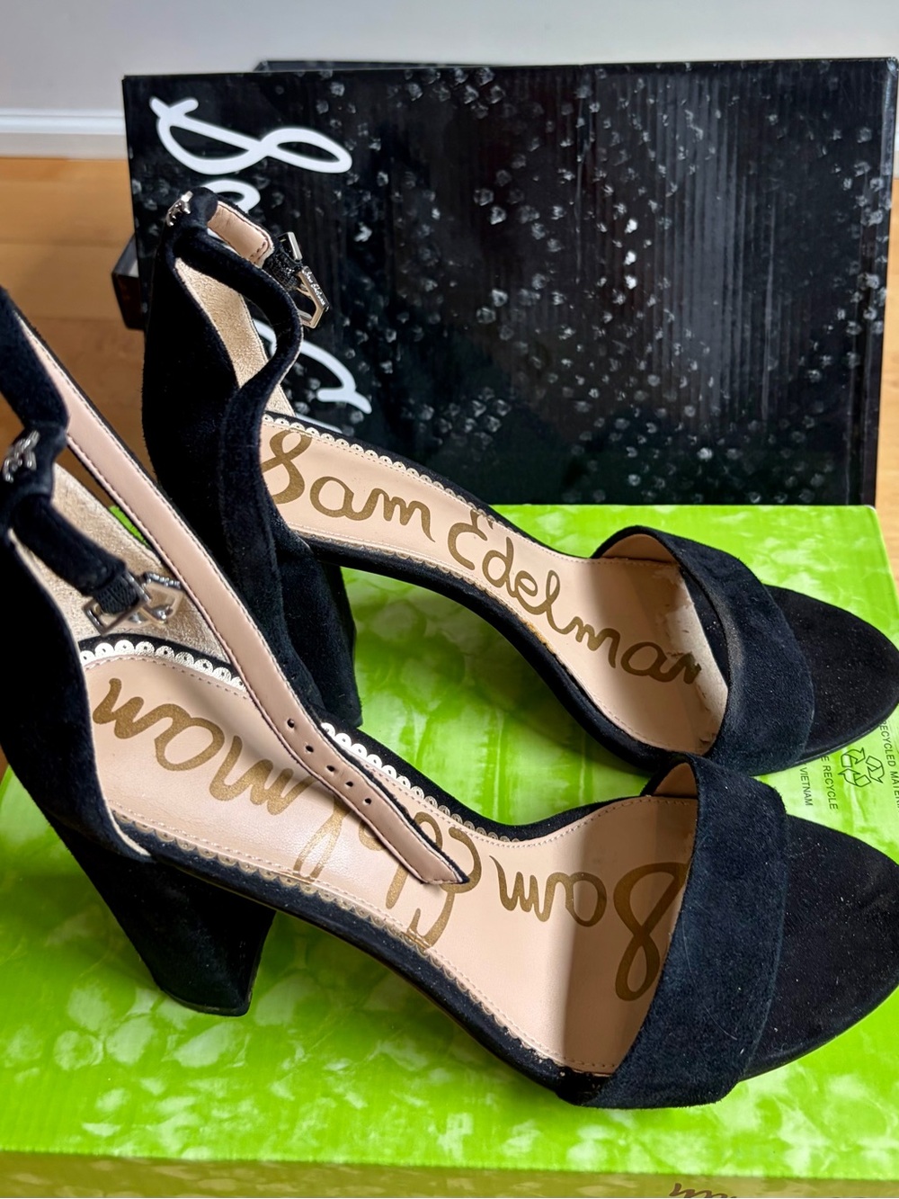 Sam Edelman Black Suede Ankle Strap Block Heel Sandals YARO